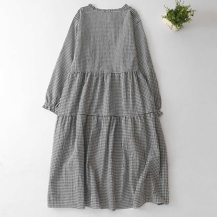 Buddha Stones Lässiges Vintage-Kleid für Damen mit Stufenkaromuster, langen Ärmeln und Tasche – perfekt für Frühling und Herbst. - image 1