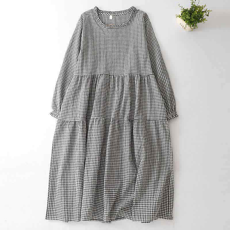 Buddha Stones Lässiges Vintage-Kleid für Damen mit Stufenkaromuster, langen Ärmeln und Tasche – perfekt für Frühling und Herbst. - Gainsboro - US12, UK/AU16, EU44 (2XL) - image 0