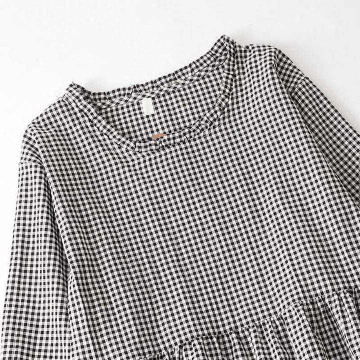 Buddha Stones Lässiges Vintage-Kleid für Damen mit Stufenkaromuster, langen Ärmeln und Tasche – perfekt für Frühling und Herbst. - image 2