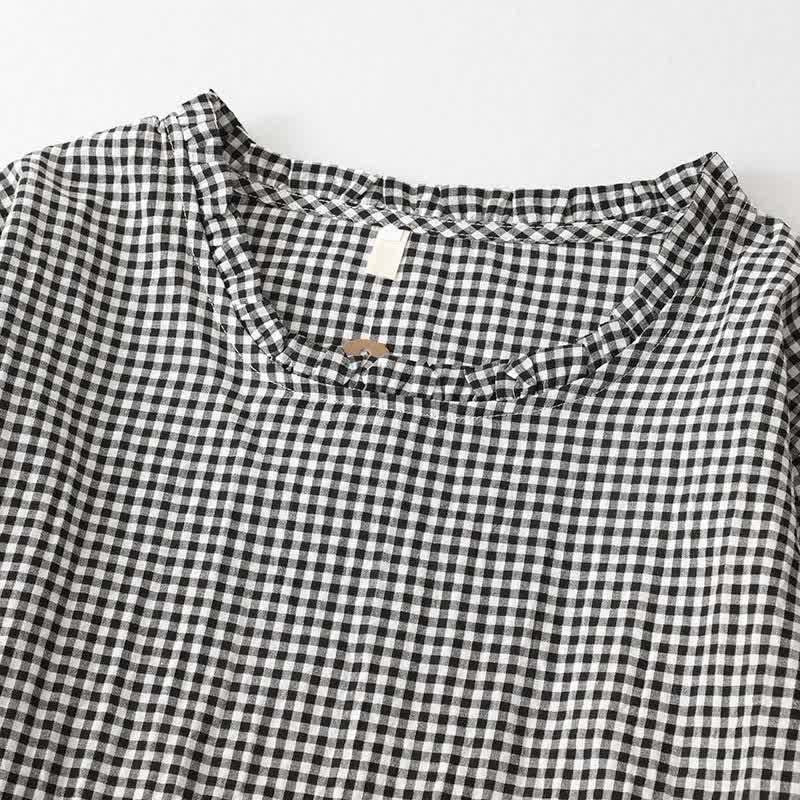 Buddha Stones Lässiges Vintage-Kleid für Damen mit Stufenkaromuster, langen Ärmeln und Tasche – perfekt für Frühling und Herbst. - image 3
