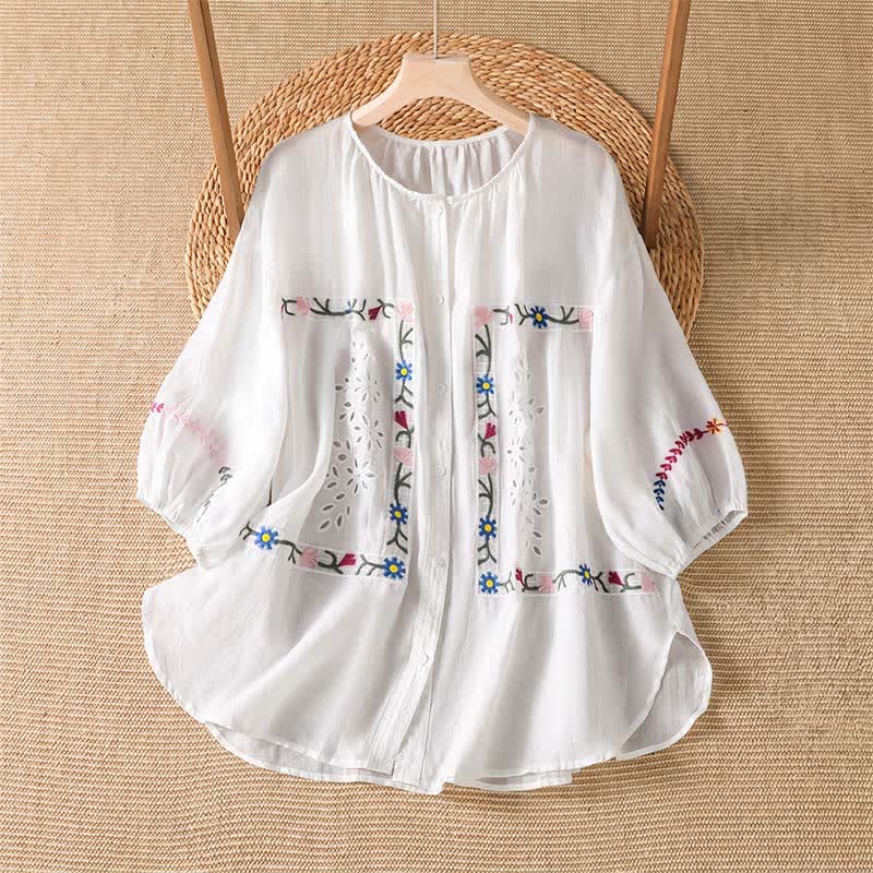 Buddha Stones Boho-Damenblusen mit Blumenstickerei für Frühling und Sommer, Kurzarm - Weiß - US12, UK/AU16, EU44 (2XL) - image 0