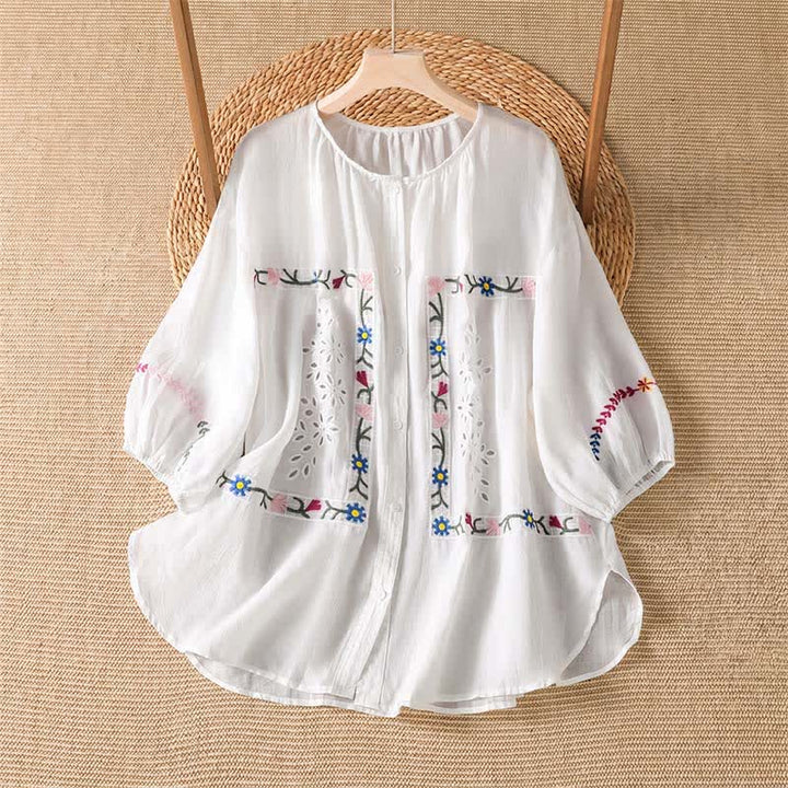 Buddha Stones Boho-Damenblusen mit Blumenstickerei für Frühling und Sommer, Kurzarm - Weiß - US12, UK/AU16, EU44 (2XL) - image 0