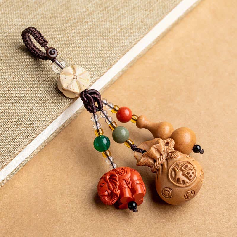 Buddha Stones Pfirsichholz-Fu-Figuren-Geldbeutel, Glücksbringer-Zinnober-Elefant, Lotuskürbis-Schlüsselanhänger - Pfirsichholz (Schutz ♥ Reinigung) - image 0