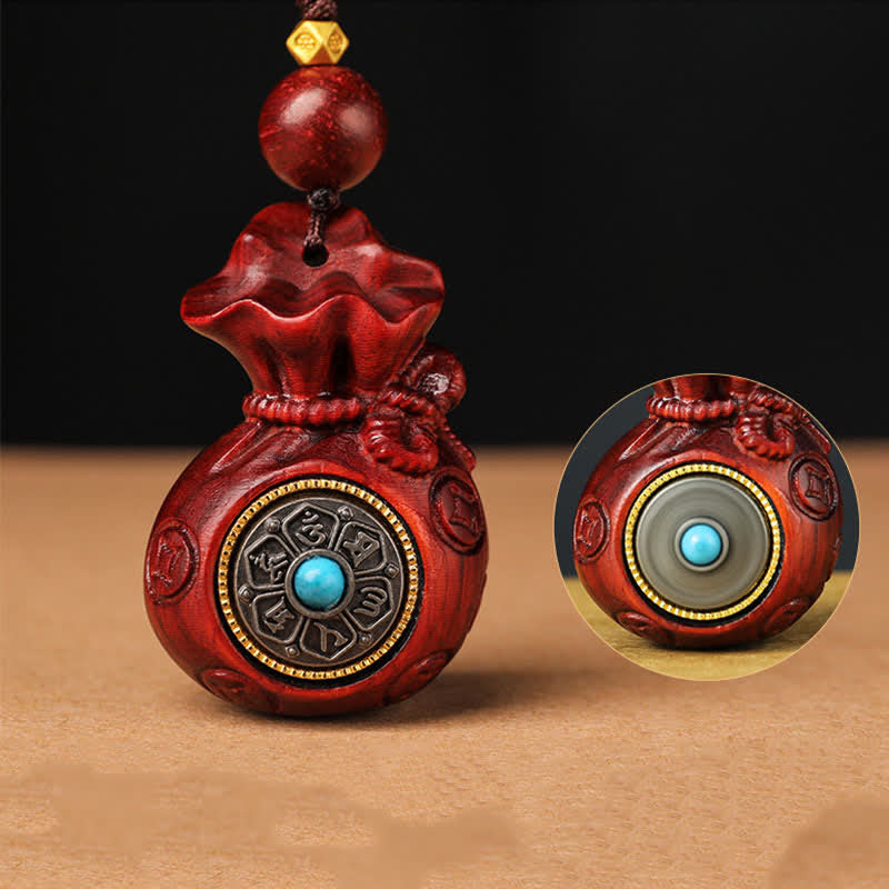 Buddha Stones Geldbeutel aus rotem Sandelholz, Schlüsselanhänger mit Om Mani Padme Hum und Weisheitssymbolen - image 4