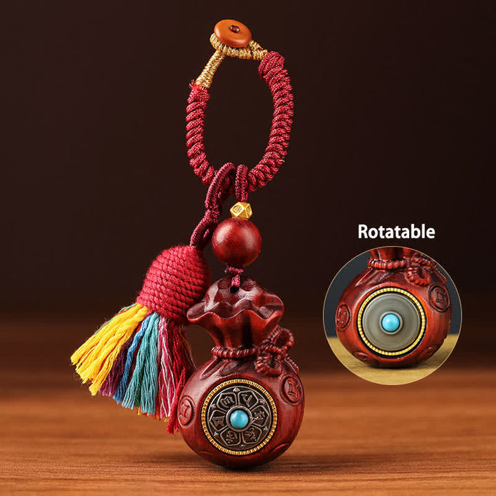 Buddha Stones Geldbeutel aus rotem Sandelholz, Schlüsselanhänger mit Om Mani Padme Hum und Weisheitssymbolen - Geldsackquaste - image 9