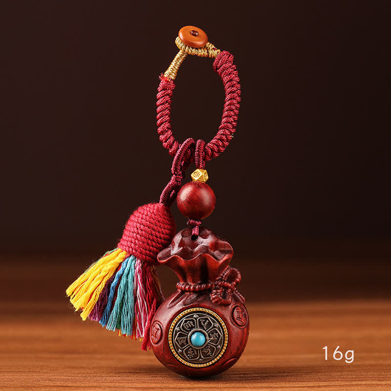 Buddha Stones Geldbeutel aus rotem Sandelholz, Schlüsselanhänger mit Om Mani Padme Hum und Weisheitssymbolen - image 10