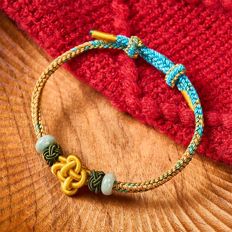 Buddha Stones Handgefertigtes, geflochtenes Armband aus gelbgrünem Osmanthus-Knoten und Jade – verstellbares Glücksarmband - image 1