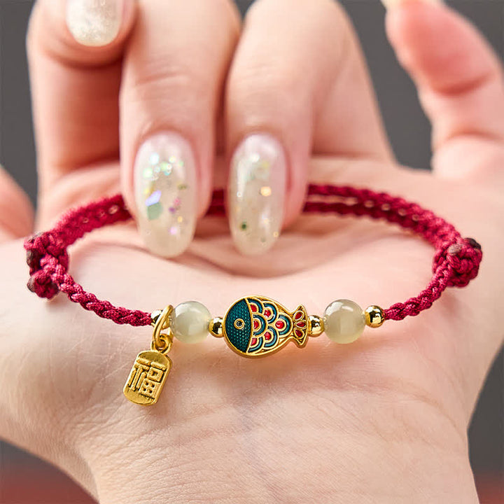 Buddha Stones Handgewebtes Armband aus Jadeperlen mit Koi-Fisch-Motiv und Fu-Zeichen - image 3