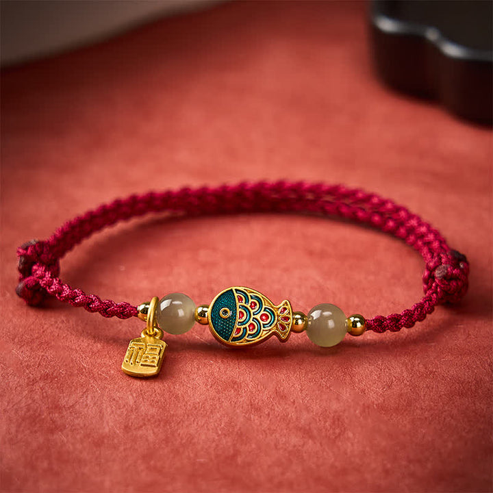 Buddha Stones Handgewebtes Armband aus Jadeperlen mit Koi-Fisch-Motiv und Fu-Zeichen - image 1