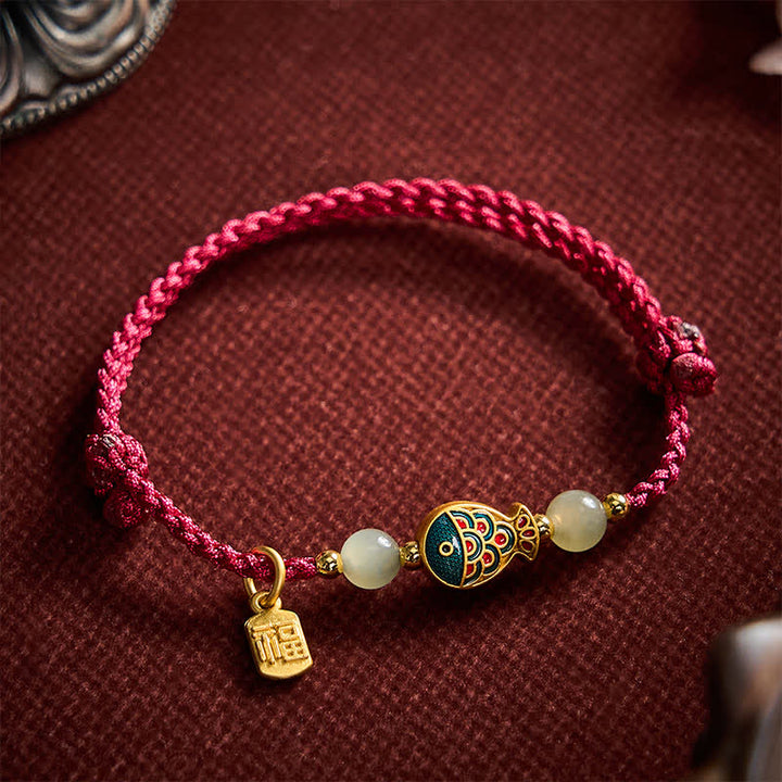 Buddha Stones Handgewebtes Armband aus Jadeperlen mit Koi-Fisch-Motiv und Fu-Zeichen - Dunkelrot (Handgelenkumfang: 15–21 cm) - image 0