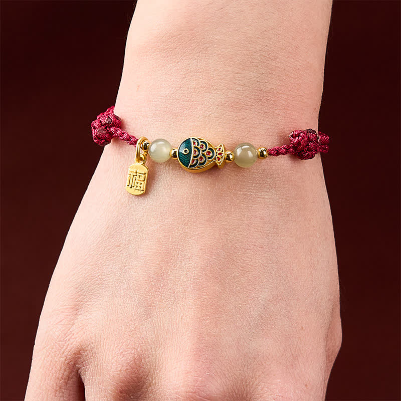 Buddha Stones Handgewebtes Armband aus Jadeperlen mit Koi-Fisch-Motiv und Fu-Zeichen - image 4
