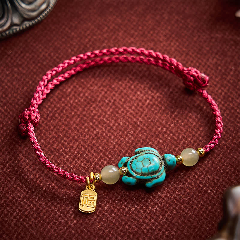 Buddha Stones Handgewebtes Armband aus Jadeperlen mit türkisfarbenem Schildkrötenmotiv und Glücksseil - Dunkelrot (Handgelenkumfang: 15–21 cm) - image 0