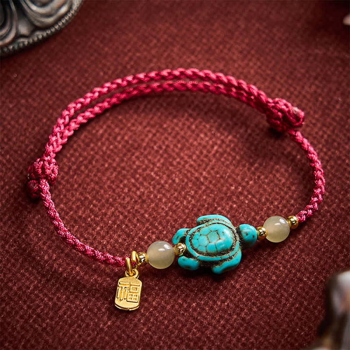 Buddha Stones Handgewebtes Armband aus Jadeperlen mit türkisfarbenem Schildkrötenmotiv und Glücksseil - Dunkelrot (Handgelenkumfang: 15–21 cm) - image 0