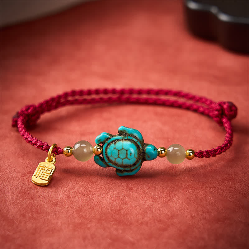 Buddha Stones Handgewebtes Armband aus Jadeperlen mit türkisfarbenem Schildkrötenmotiv und Glücksseil - image 1