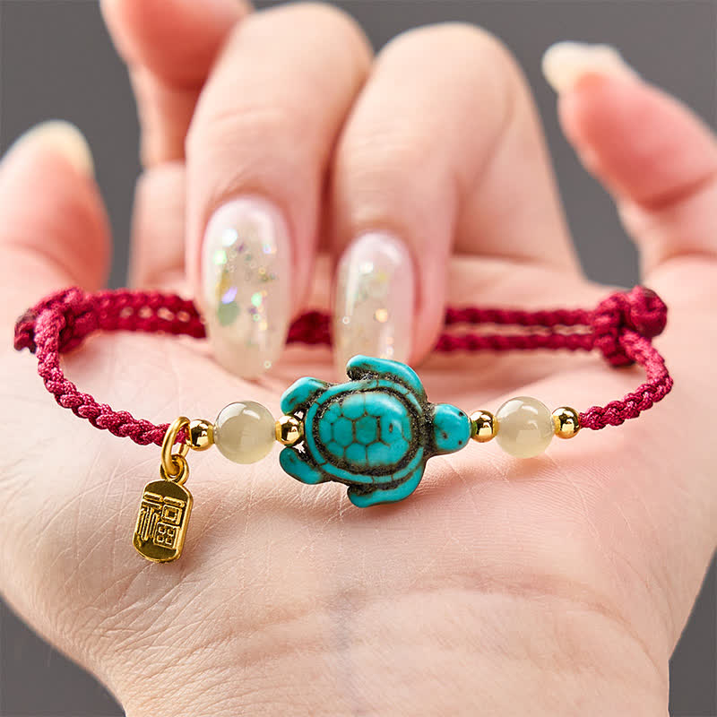 Buddha Stones Handgewebtes Armband aus Jadeperlen mit türkisfarbenem Schildkrötenmotiv und Glücksseil - image 3