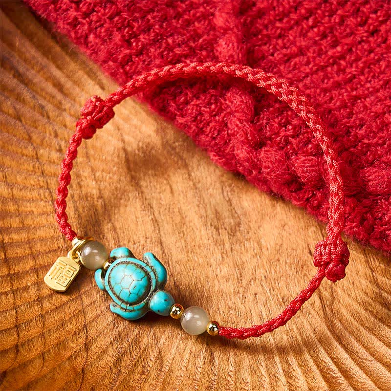 Buddha Stones Handgewebtes Armband aus Jadeperlen mit türkisfarbenem Schildkrötenmotiv und Glücksseil - Rot (Handgelenkumfang: 15–21 cm) - image 11