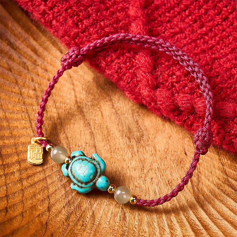 Buddha Stones Handgewebtes Armband aus Jadeperlen mit türkisfarbenem Schildkrötenmotiv und Glücksseil - image 2