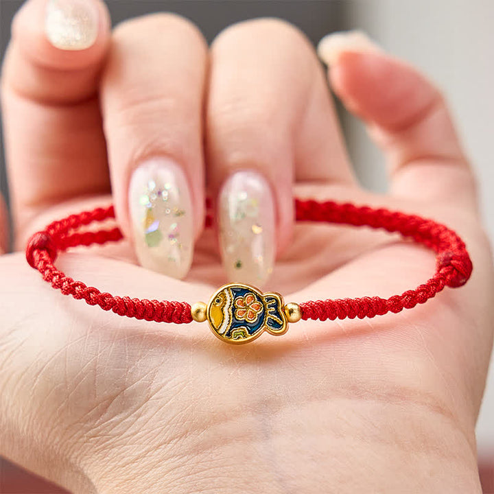 Buddha Stones Handgewebtes Armband aus rotem Seil mit cyanfarbenen Blumen zum Schutz von Koi-Fischen - image 3