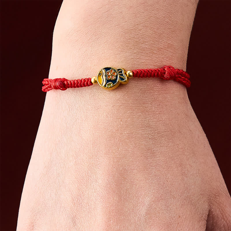 Buddha Stones Handgewebtes Armband aus rotem Seil mit cyanfarbenen Blumen zum Schutz von Koi-Fischen - image 4