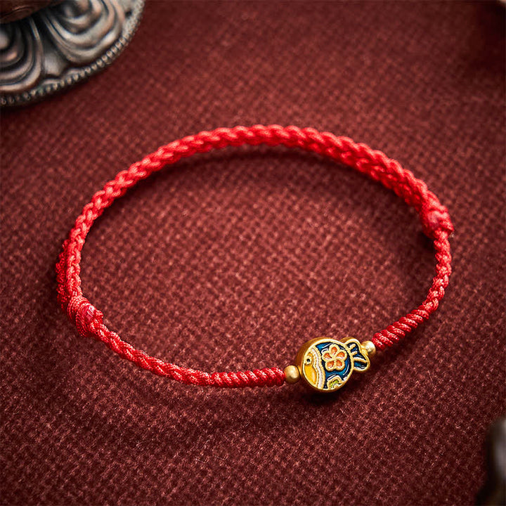 Buddha Stones Handgewebtes Armband aus rotem Seil mit cyanfarbenen Blumen zum Schutz von Koi-Fischen - image 2