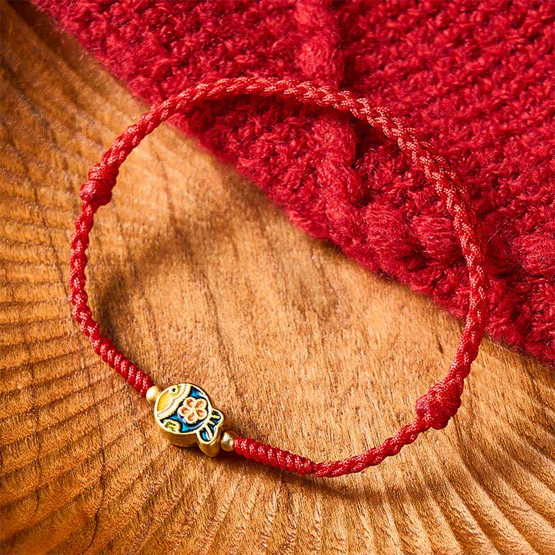 Buddha Stones Handgewebtes Armband aus rotem Seil mit cyanfarbenen Blumen zum Schutz von Koi-Fischen - image 1