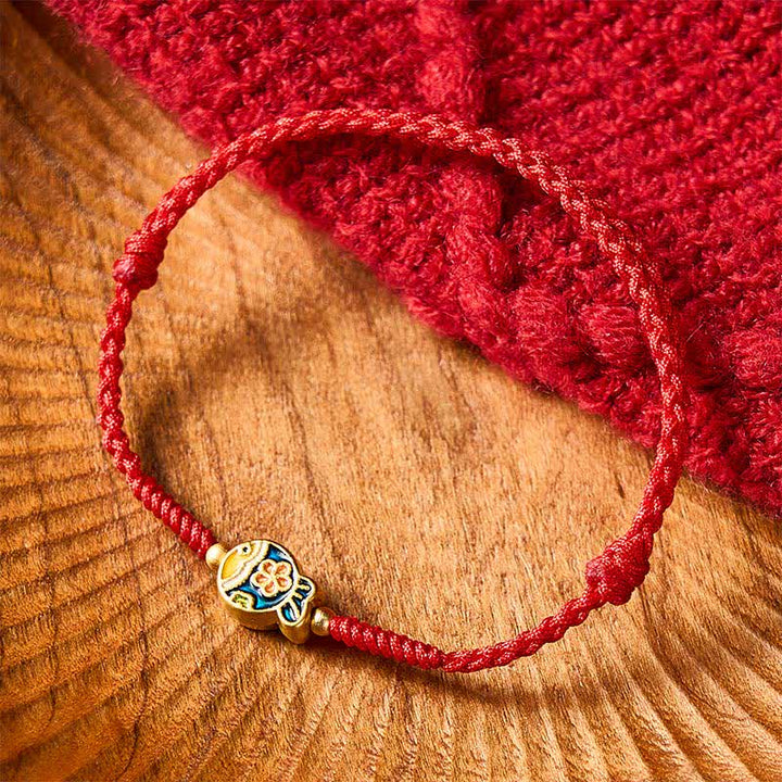 Buddha Stones Handgewebtes Armband aus rotem Seil mit cyanfarbenen Blumen zum Schutz von Koi-Fischen - image 1