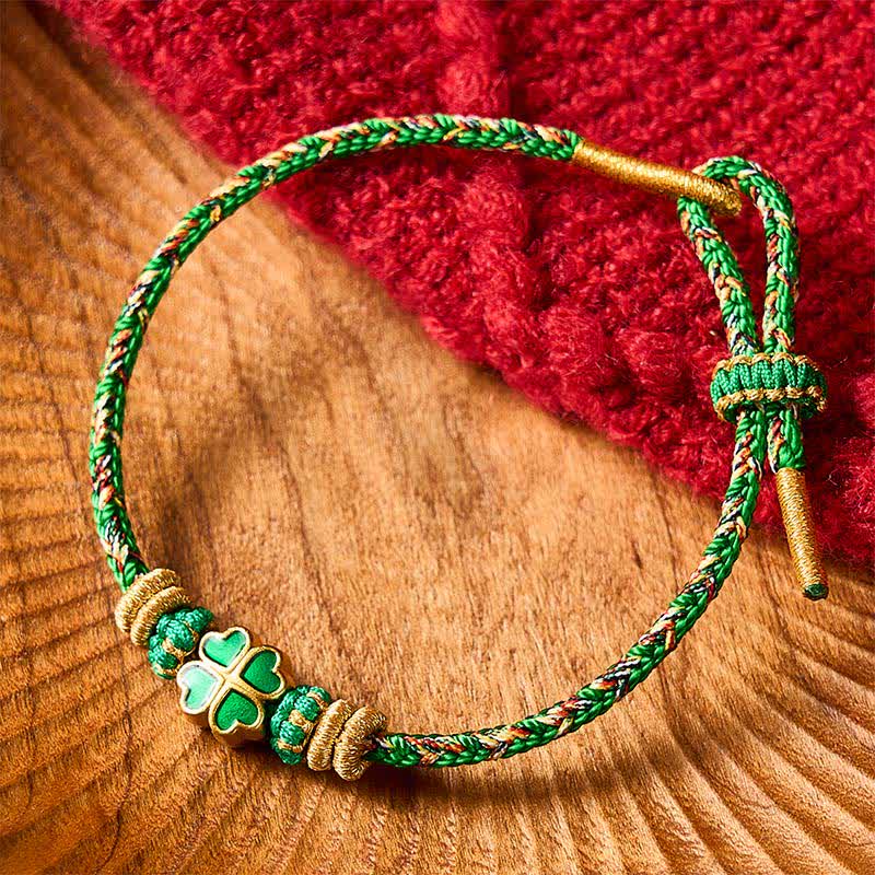 Buddha Stones Handgewebtes Armband aus Seil in Herzform mit grünem vierblättrigem Kleeblatt - image 1