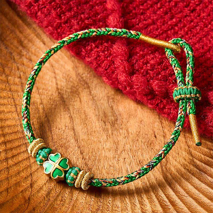 Buddha Stones Handgewebtes Armband aus Seil in Herzform mit grünem vierblättrigem Kleeblatt - image 1