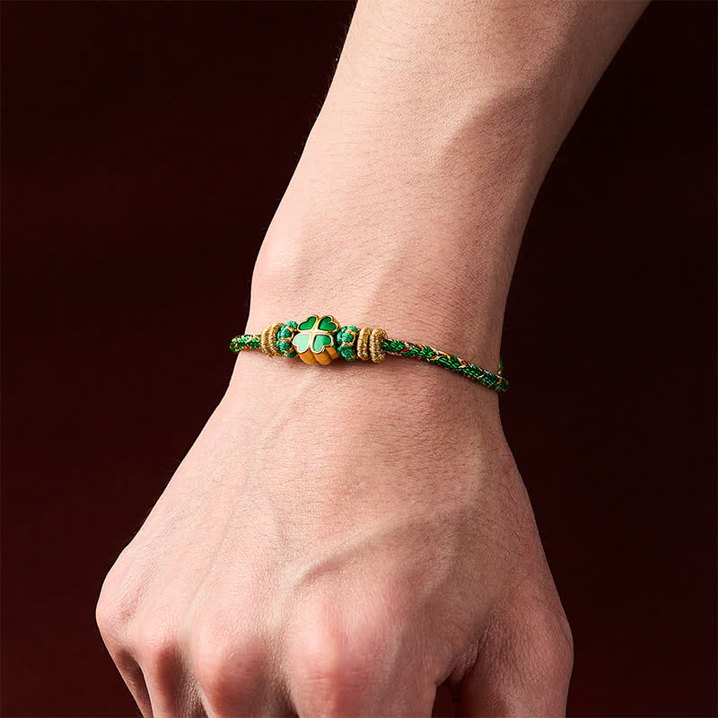 Buddha Stones Handgewebtes Armband aus Seil in Herzform mit grünem vierblättrigem Kleeblatt - image 5
