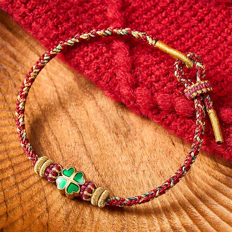 Buddha Stones Handgewebtes Armband aus Seil in Herzform mit grünem vierblättrigem Kleeblatt - Rot (Handgelenkumfang: 15-19 cm) - image 10