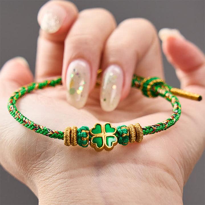 Buddha Stones Handgewebtes Armband aus Seil in Herzform mit grünem vierblättrigem Kleeblatt - image 3