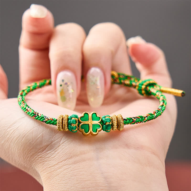 Buddha Stones Handgewebtes Armband aus Seil in Herzform mit grünem vierblättrigem Kleeblatt - image 4