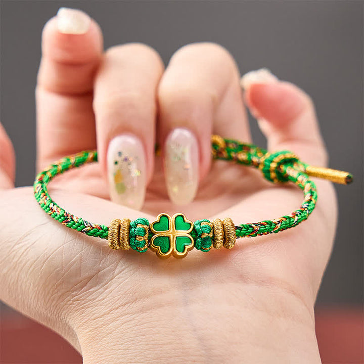 Buddha Stones Handgewebtes Armband aus Seil in Herzform mit grünem vierblättrigem Kleeblatt - image 4