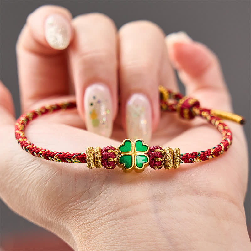 Buddha Stones Handgewebtes Armband aus Seil in Herzform mit grünem vierblättrigem Kleeblatt - image 13