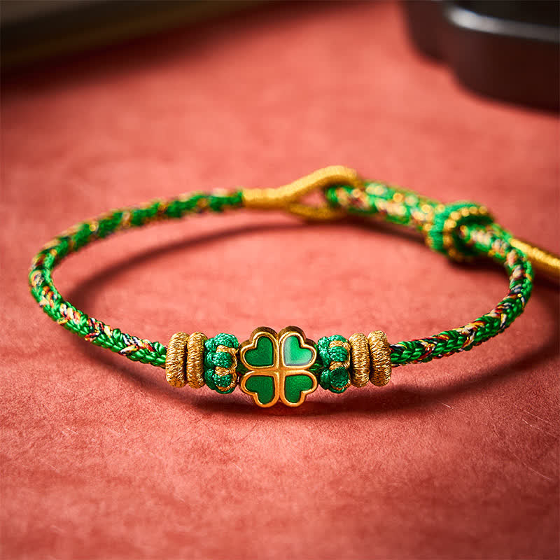 Buddha Stones Handgewebtes Armband aus Seil in Herzform mit grünem vierblättrigem Kleeblatt - image 2