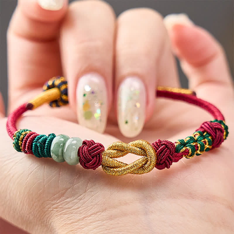 Buddha Stones Handgewebtes Armband aus Pfirsichblüten, Glücksjadeperlen und roter Schnur - image 10