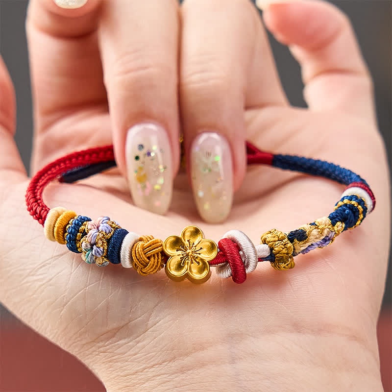 Buddha Stones Handgewebtes Armband aus rotem und marineblauem Garn mit Pfirsichblütenmuster - image 3