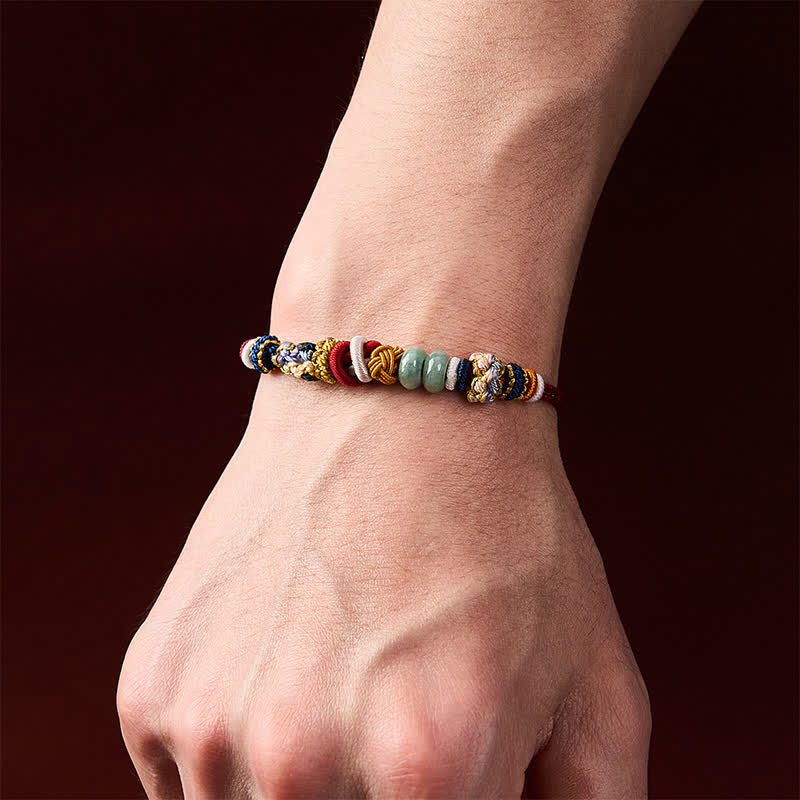 Buddha Stones Handgewebtes Armband aus pfirsichblütenförmigen Glücksjadeperlen in Rot und Marineblau - image 5