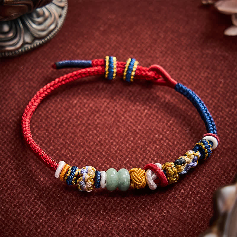 Buddha Stones Handgewebtes Armband aus pfirsichblütenförmigen Glücksjadeperlen in Rot und Marineblau - image 2