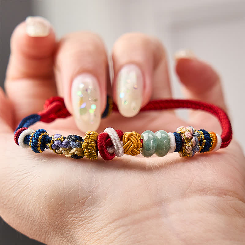 Buddha Stones Handgewebtes Armband aus pfirsichblütenförmigen Glücksjadeperlen in Rot und Marineblau - image 3