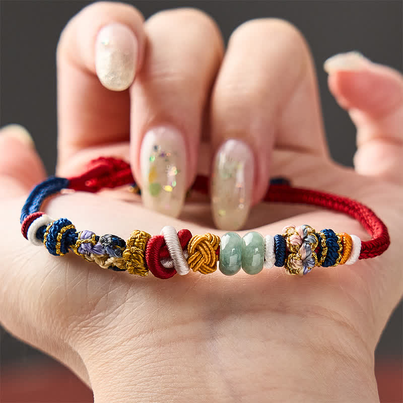Buddha Stones Handgewebtes Armband aus pfirsichblütenförmigen Glücksjadeperlen in Rot und Marineblau - image 4