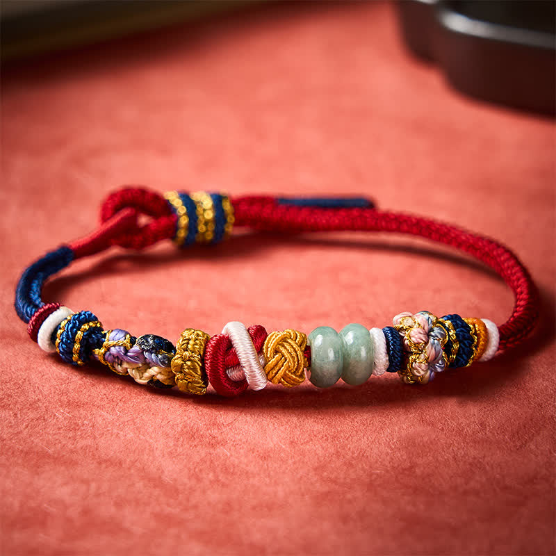 Buddha Stones Handgewebtes Armband aus pfirsichblütenförmigen Glücksjadeperlen in Rot und Marineblau - Rot-Marineblau (Handgelenkumfang: 15-18 cm) - image 0