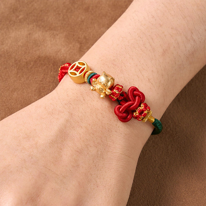 Buddha Stones Goldenes Glückskatzen-Armband mit rotem Faden zum Schutz, geflochten - image 13