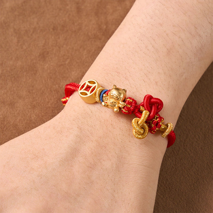 Buddha Stones Goldenes Glückskatzen-Armband mit rotem Faden zum Schutz, geflochten - image 5