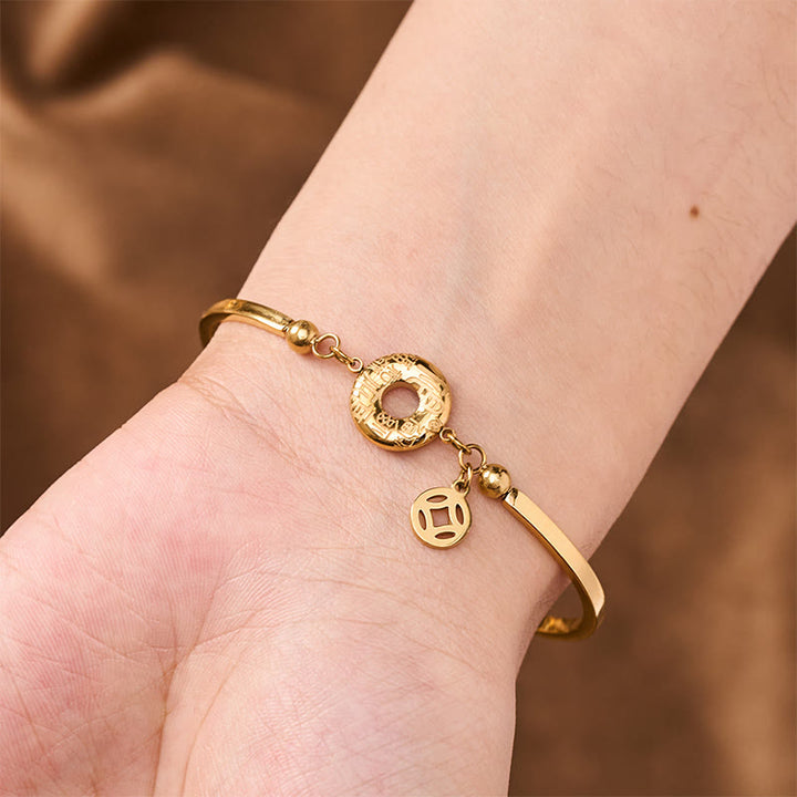 Buddha Stones Armband mit Friedensschnalle aus Titanstahl, Anhänger mit Fu-Zeichen (chinesische Münze), offene Kette - image 3