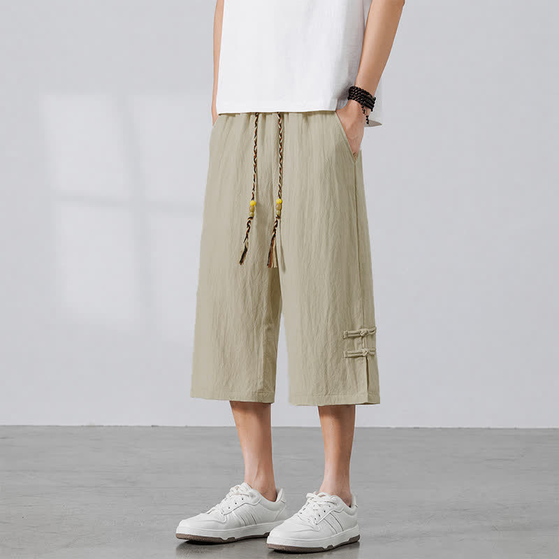 Buddha Stones Lässige Sommer-Boho-Hose mit Kordelzug, einfarbig, gerades Bein, mit Tasche - image 1