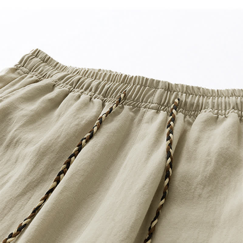 Buddha Stones Lässige Sommer-Boho-Hose mit Kordelzug, einfarbig, gerades Bein, mit Tasche - image 3