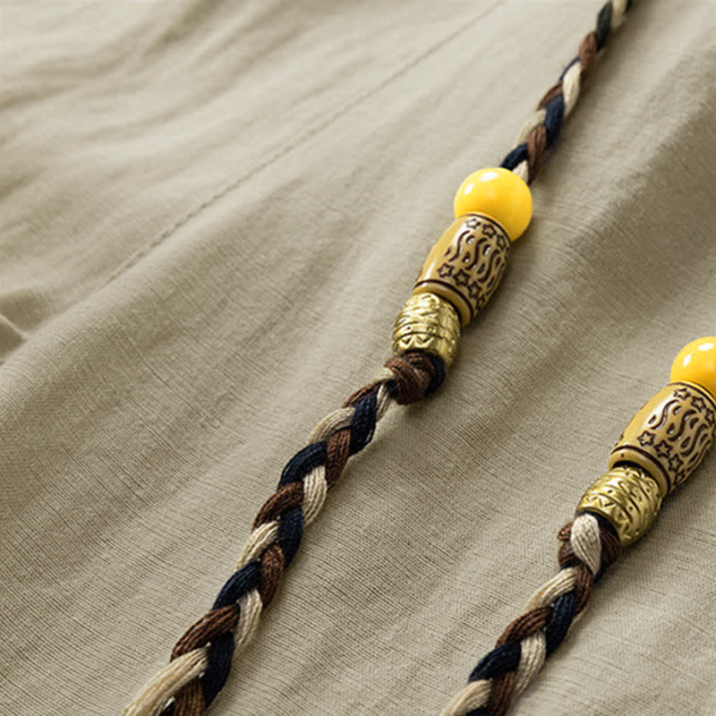 Buddha Stones Lässige Sommer-Boho-Hose mit Kordelzug, einfarbig, gerades Bein, mit Tasche - image 4