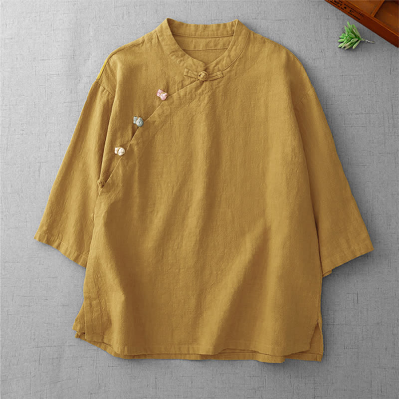 Buddha Stones Sommerliche Damenbluse im Vintage-Stil mit Stehkragen, Froschknopf und Ellbogenlänge, Tang-Stil - Goldrute - US8-10, UK/AU12-14, EU40-42 (2XL) - image 0