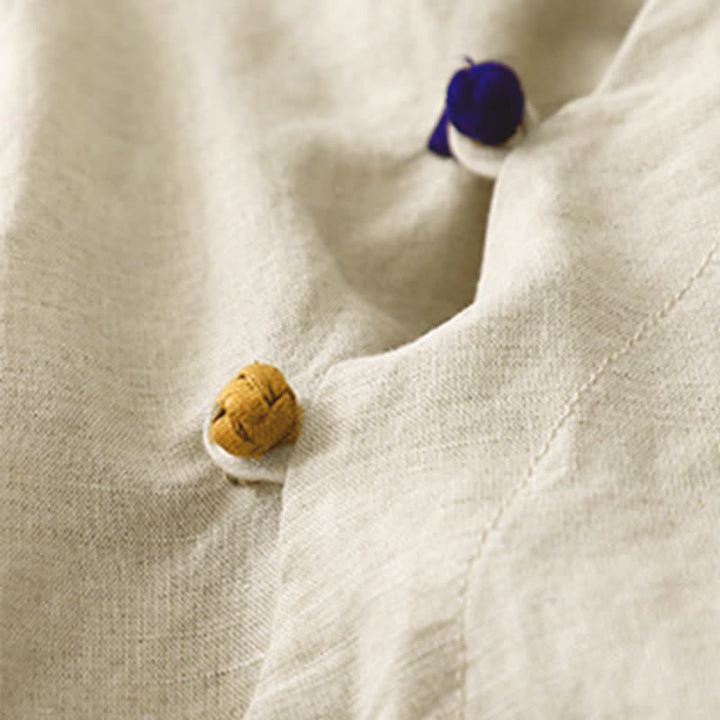 Buddha Stones Sommerliche minimalistische Kurzarmblusen im Tang-Stil mit Stehkragen für Damen, einfarbig, einfarbig - image 4